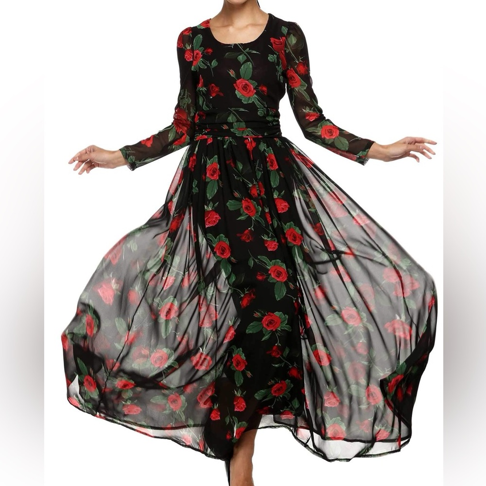Finejo floral black dress with red roses.